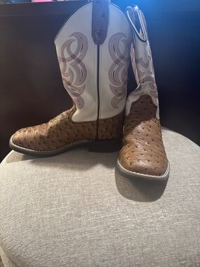 Girls Old West Brown Ostrich-Textured Leather Cowboy Boots